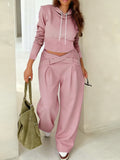 Crossover-Waist Hoodie & Solid-Color Pants Two-Piece Set