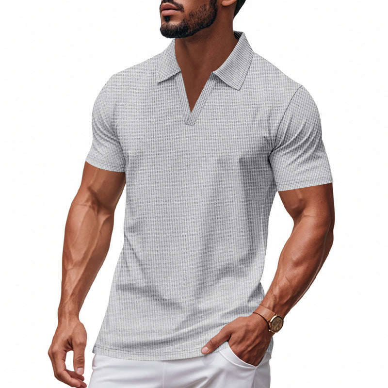 Summer Men's Loose Waffle-Knit V-Neck Short Sleeve Polo Shirt