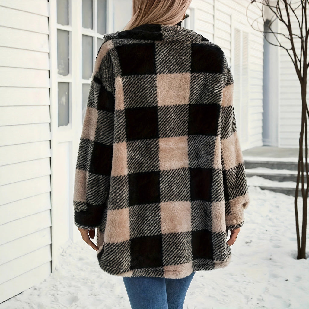 Plaid Fleece Long-Sleeve Coat for Women
