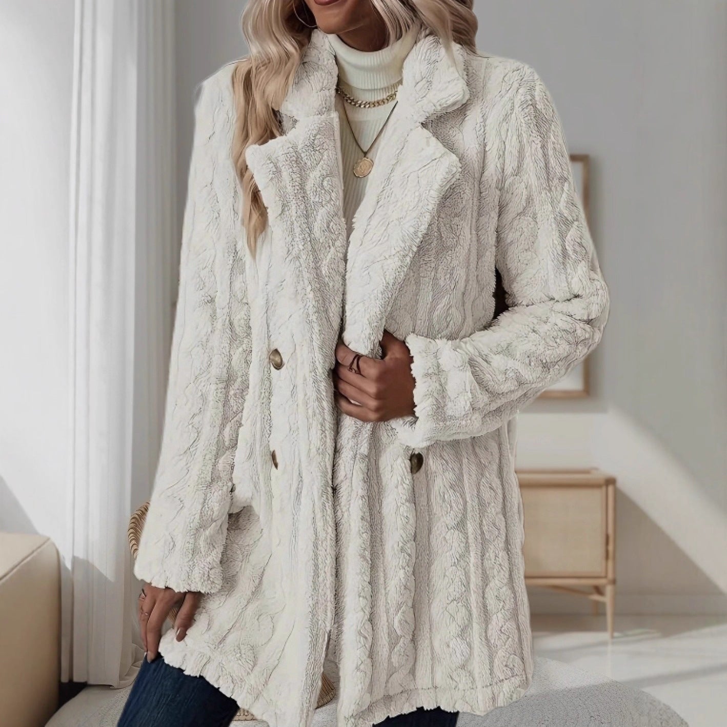 Insulated Double-Breasted Mid-Length Suit-Collar Coat