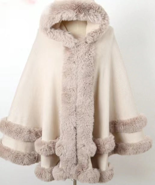 Loose Fur-Collar Shawl Coat with Fleece Lining
