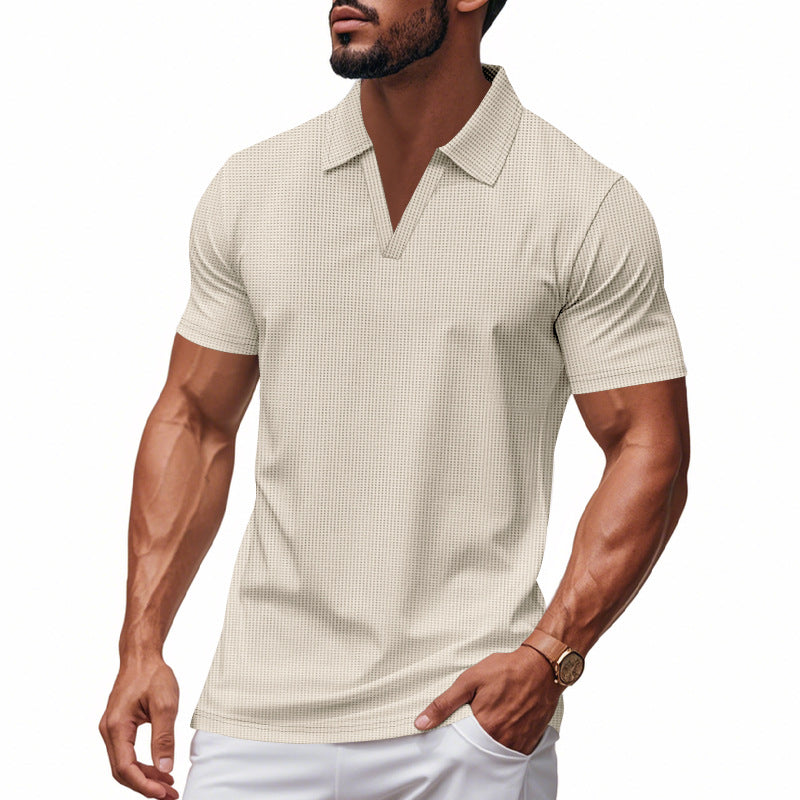 Summer Men's Loose Waffle-Knit V-Neck Short Sleeve Polo Shirt