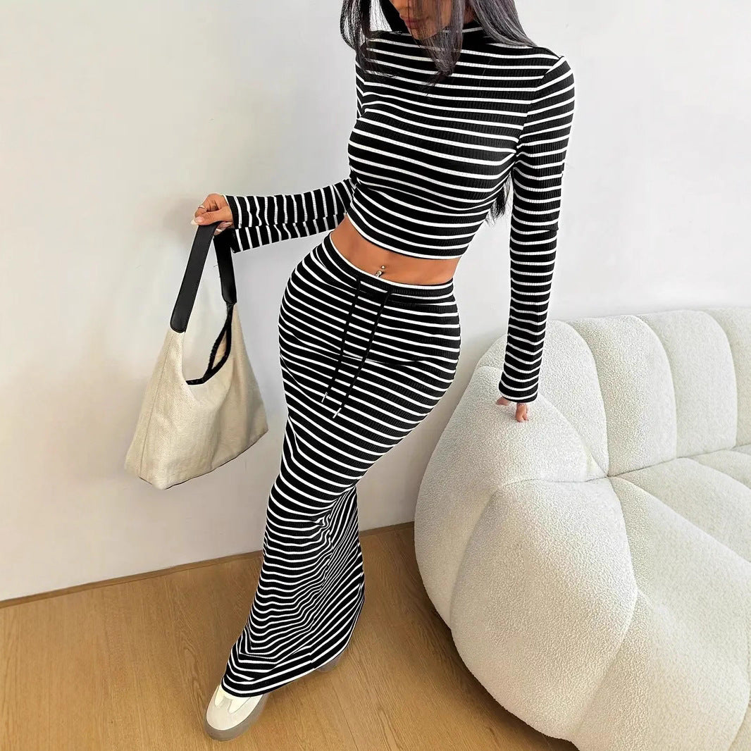 Striped Half-Turtleneck Top & Drawstring-Waist Long Skirt Set