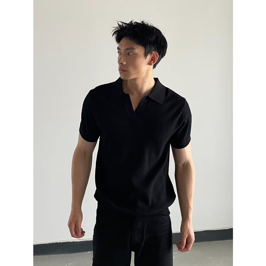 Men’s Slim-Fit V-Neck Short-Sleeve Knit with Striped Collar