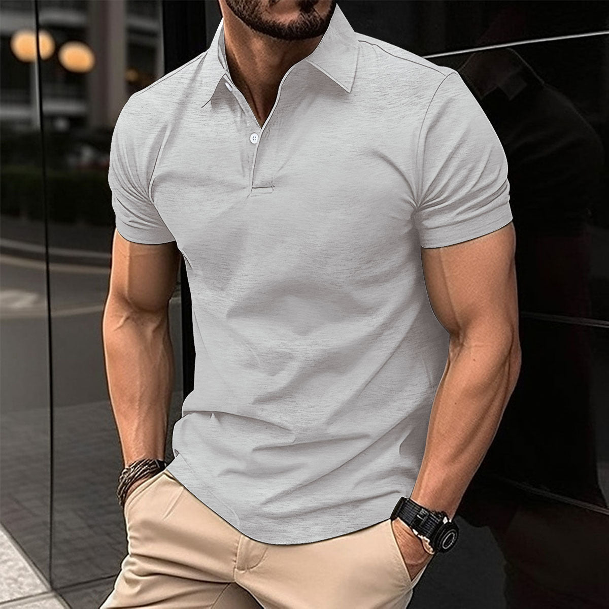 Solid-Color Short-Sleeve Polo Shirt for Men