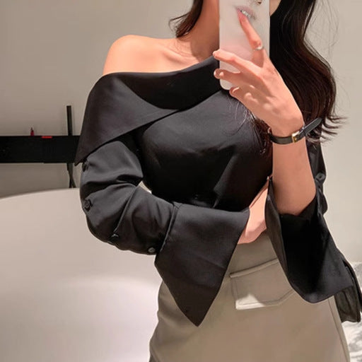 Solid-Color Off-Shoulder Button-Down Shirt for Women