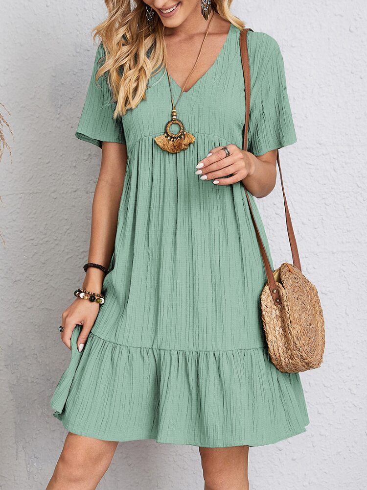 V-Neck Short Sleeve Ruffled Dress