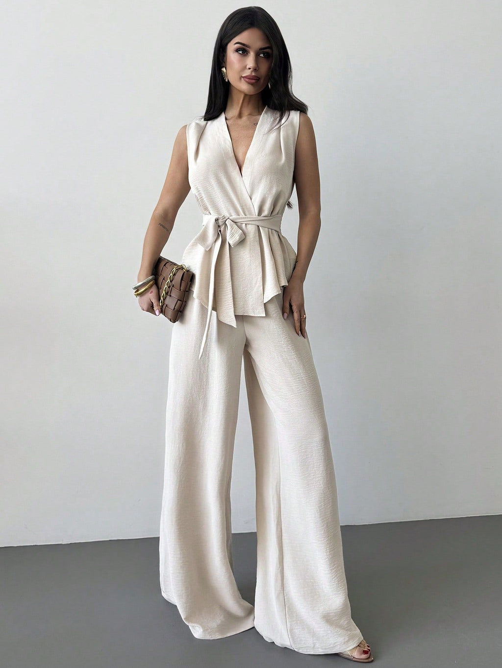 Lace-Up V-Neck Vest & Pants Two-Piece Set