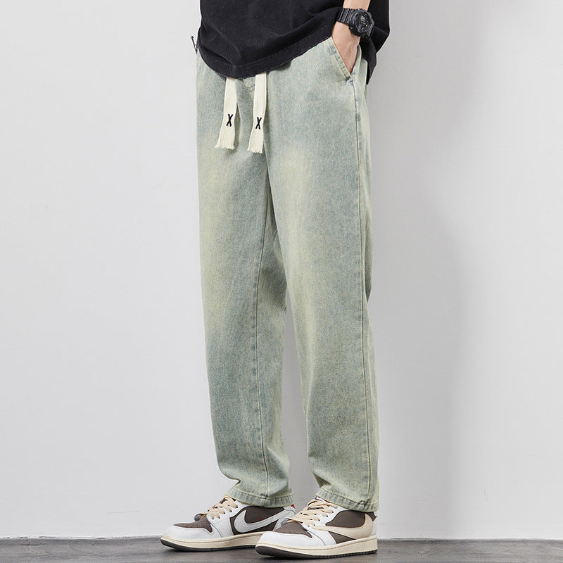 Summer Men's Loose Wide-Leg Jeans – Drawstring Elastic Waist Straight Trousers