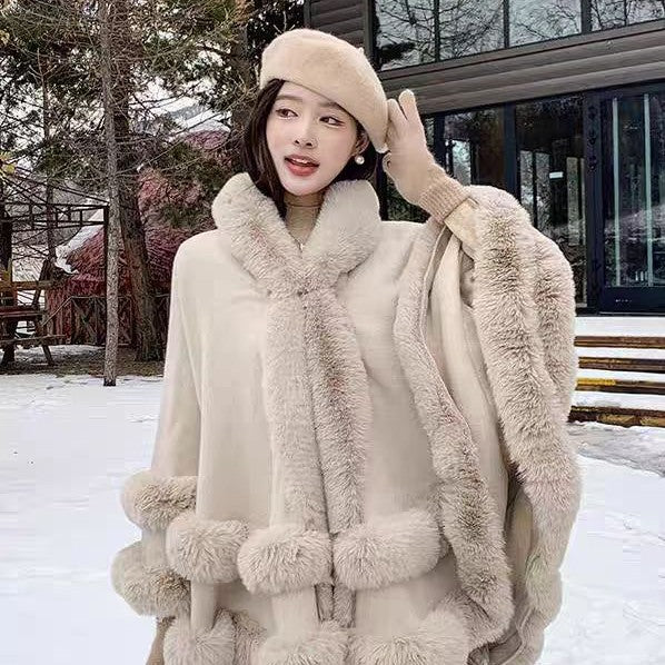 Loose Fur-Collar Shawl Coat with Fleece Lining