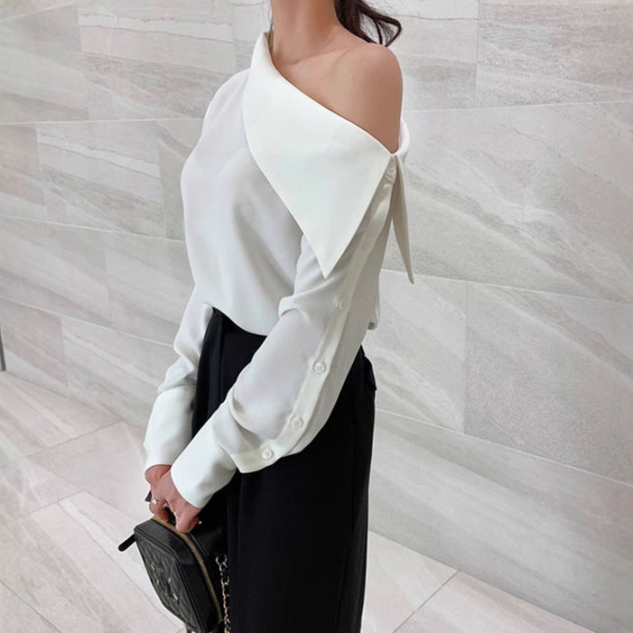 Solid-Color Off-Shoulder Button-Down Shirt for Women