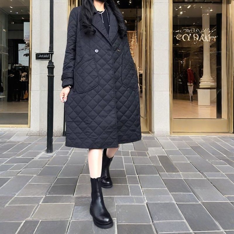 Quilted Diamond-Pattern Padded Cotton Coat