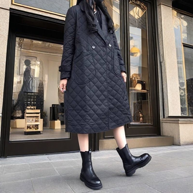 Quilted Diamond-Pattern Padded Cotton Coat