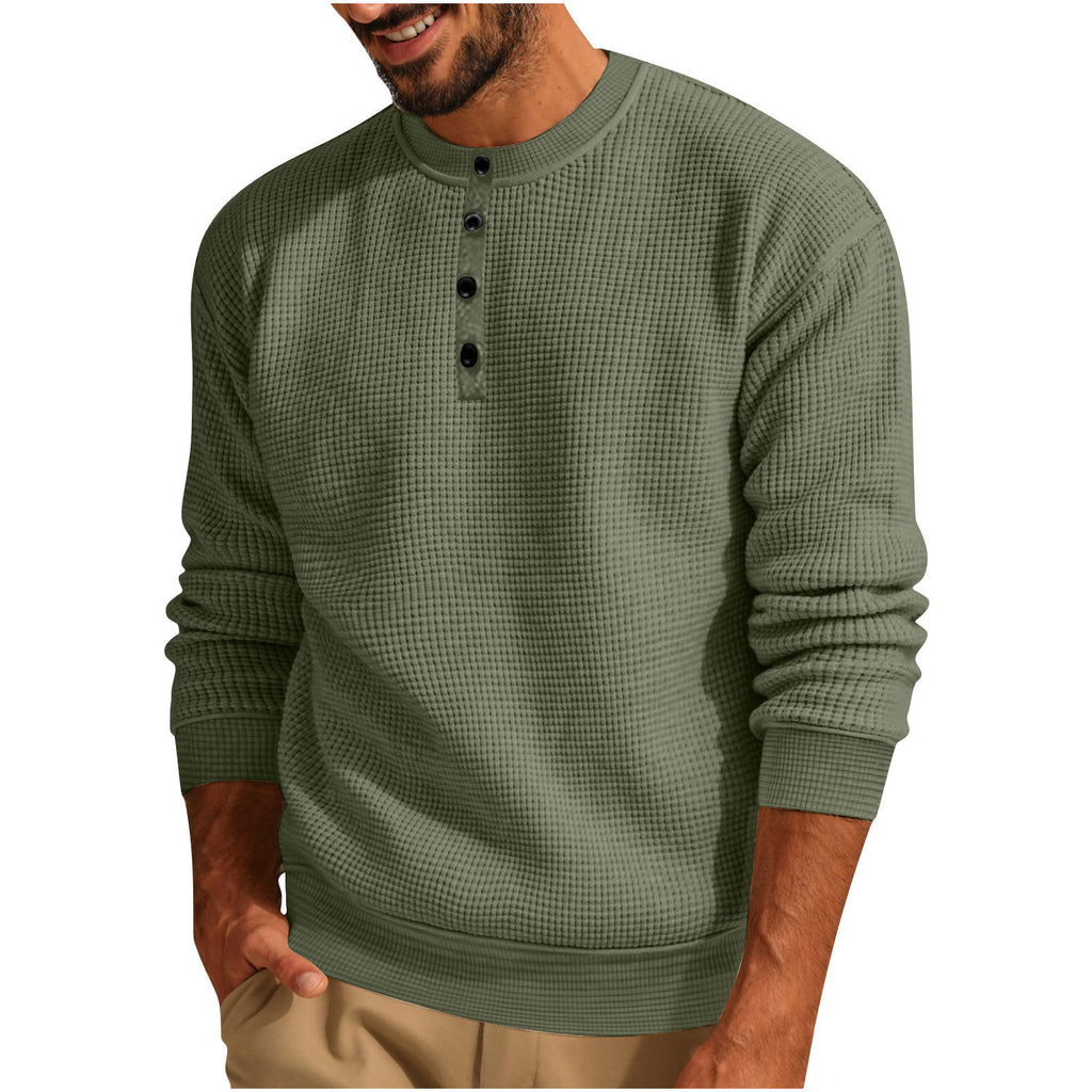 Solid-Color Loose Waffle Henley Shirt