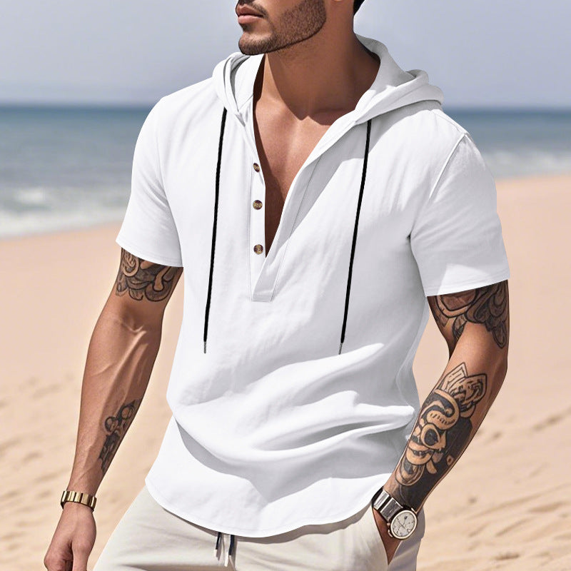 Breathable Linen Hooded Henley Short-Sleeve Shirt
