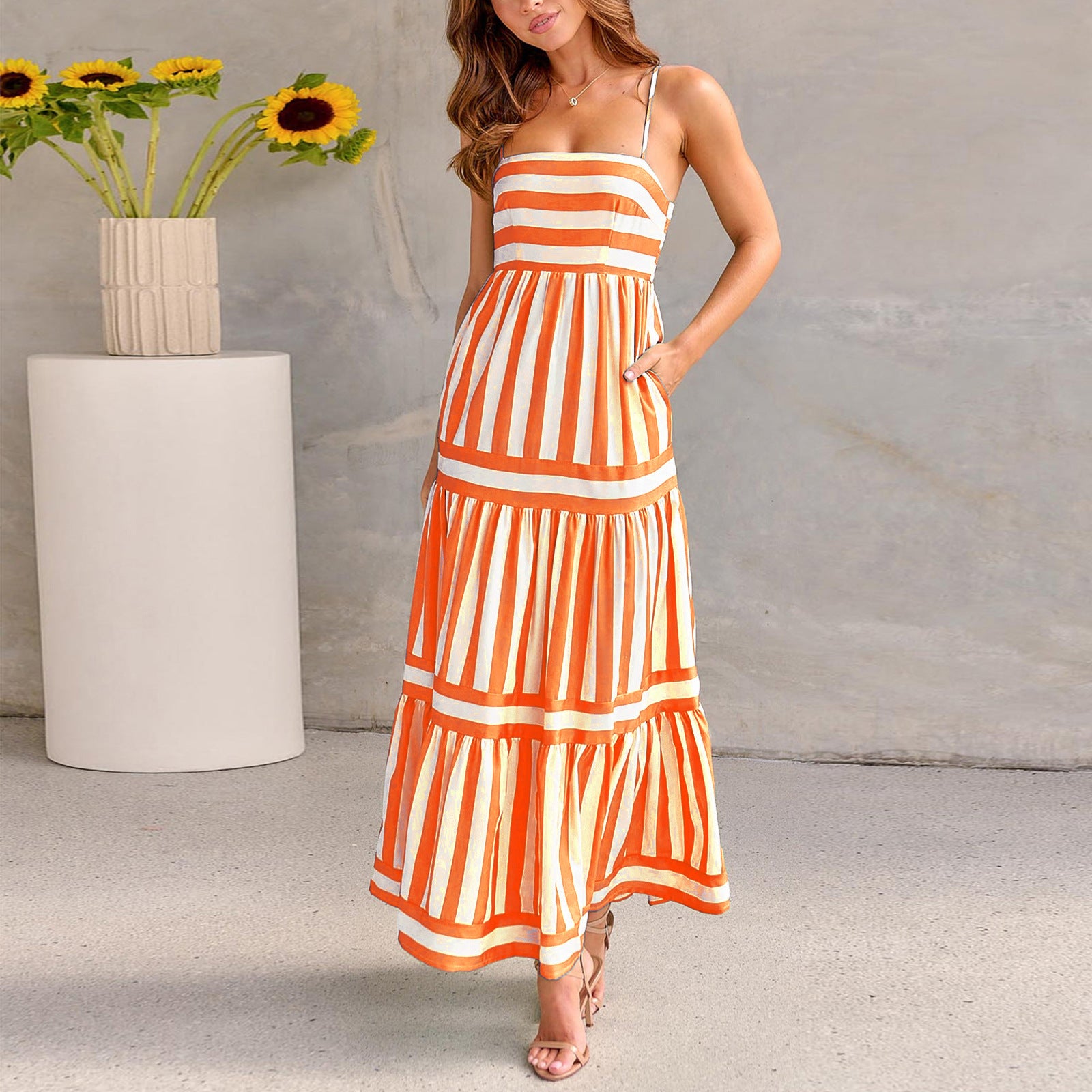 Striped Suspender Long Dress with Pockets