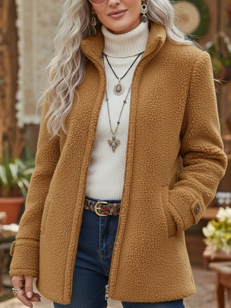 Solid-Color Stand Collar Fleece Zip-Up Jacket for Women