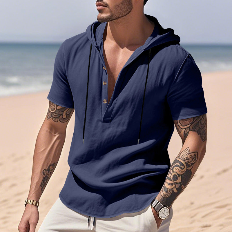 Breathable Linen Hooded Henley Short-Sleeve Shirt