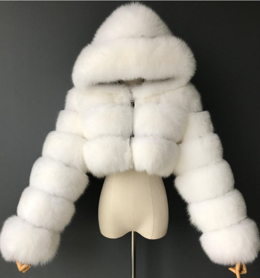 Short Hooded Faux Fur Coat