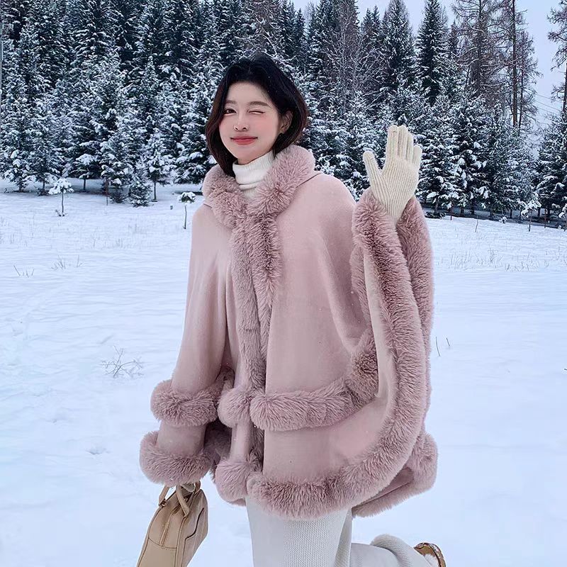Loose Fur-Collar Shawl Coat with Fleece Lining