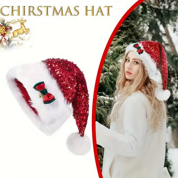 Luxurious Plush Christmas Hat with Red Sequins and Decorative Bow