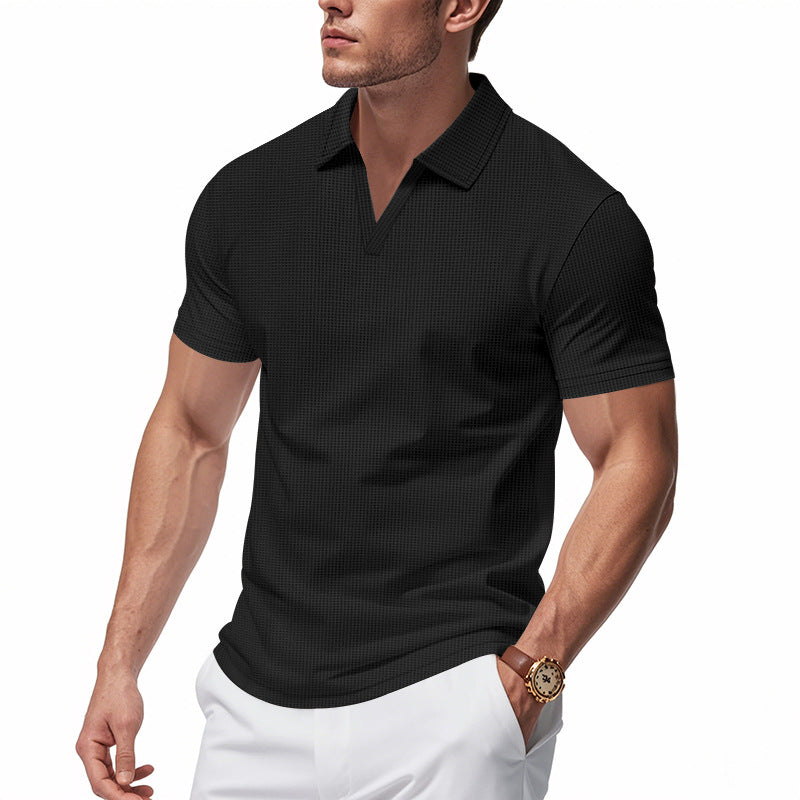Summer Men's Loose Waffle-Knit V-Neck Short Sleeve Polo Shirt