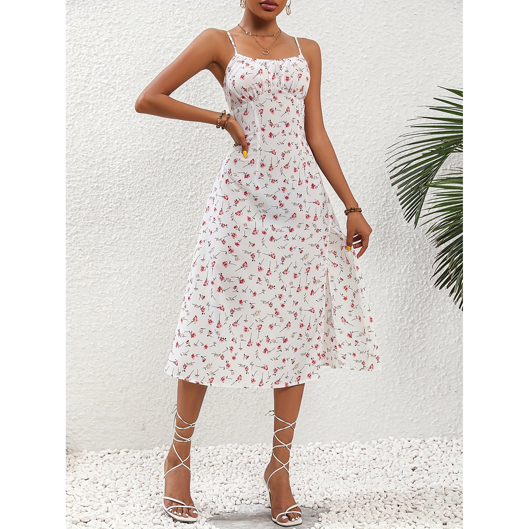 Polka Dot Split Maxi Dress with Straps