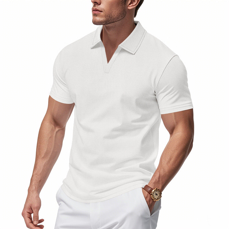 Summer Men's Loose Waffle-Knit V-Neck Short Sleeve Polo Shirt