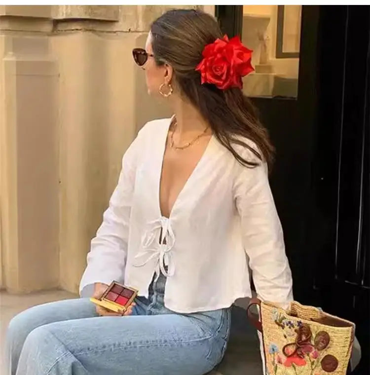 ALOBEE Elegant Lace-Up Bow V-Neck Blouse