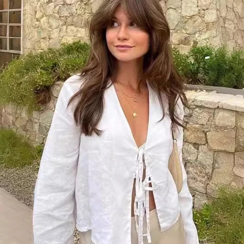 ALOBEE Elegant Lace-Up Bow V-Neck Blouse