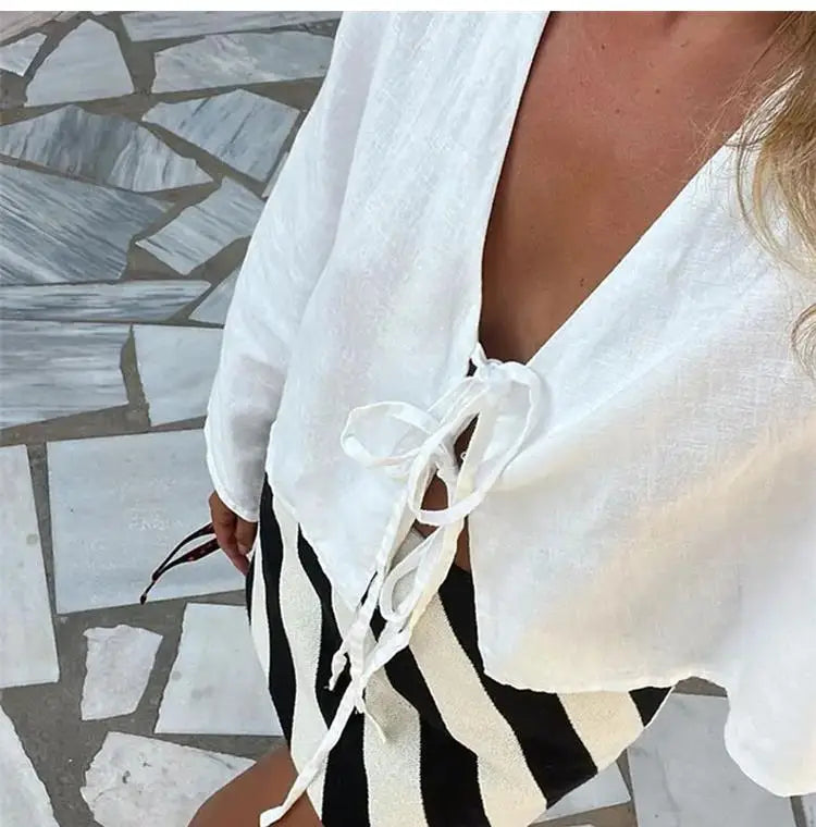 ALOBEE Elegant Lace-Up Bow V-Neck Blouse