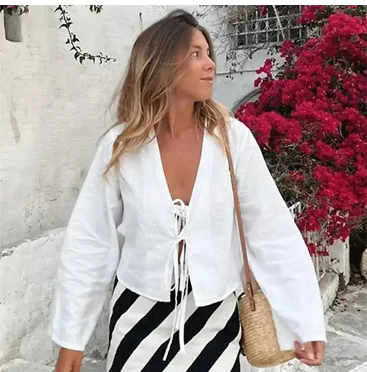 ALOBEE Elegant Lace-Up Bow V-Neck Blouse