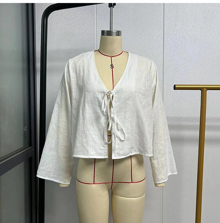 ALOBEE Elegant Lace-Up Bow V-Neck Blouse