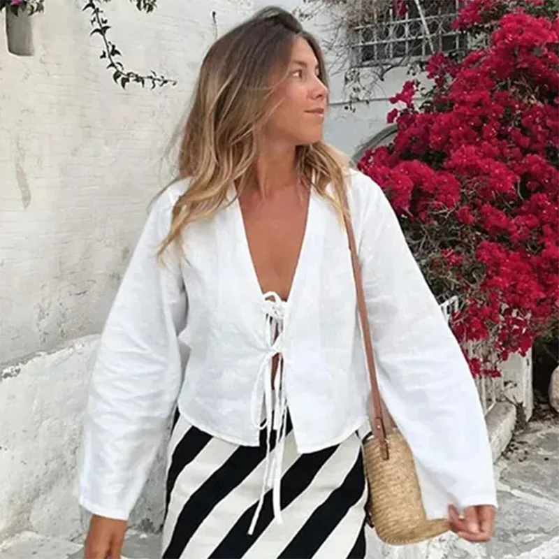 ALOBEE Elegant Lace-Up Bow V-Neck Blouse