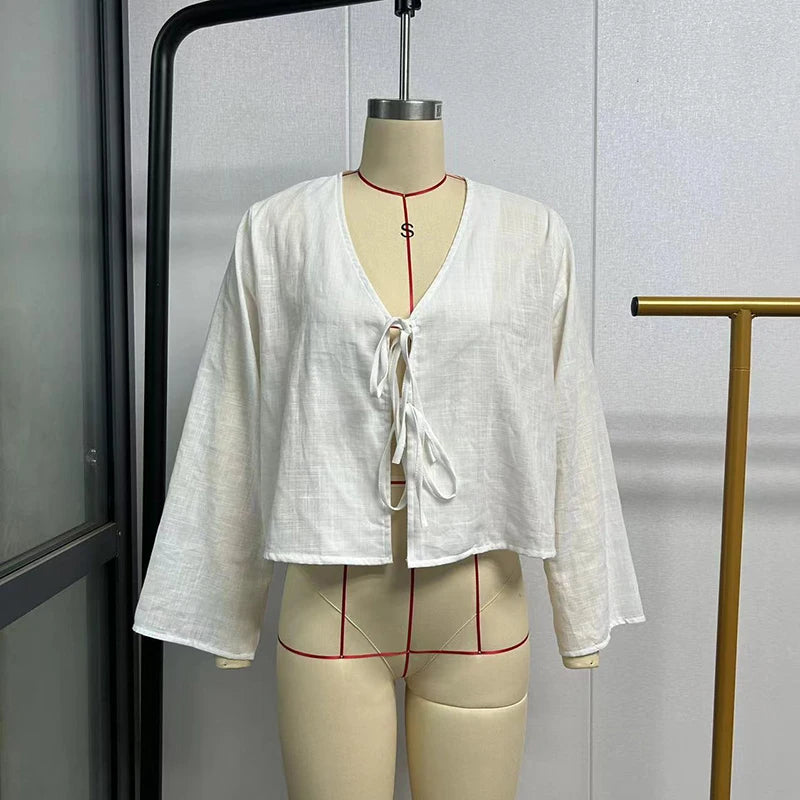 ALOBEE Elegant Lace-Up Bow V-Neck Blouse