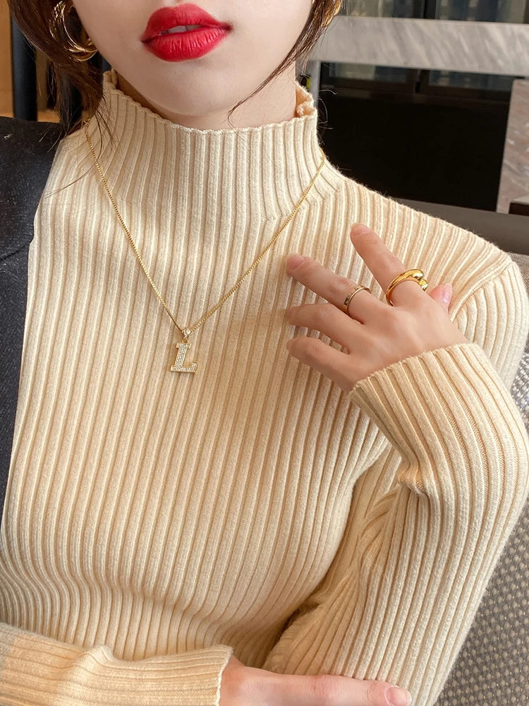 Elegant Solid Basic Knitted Turtleneck Sweater for Women