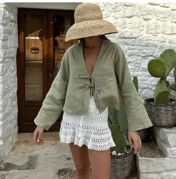 ALOBEE Elegant Lace-Up Bow V-Neck Blouse