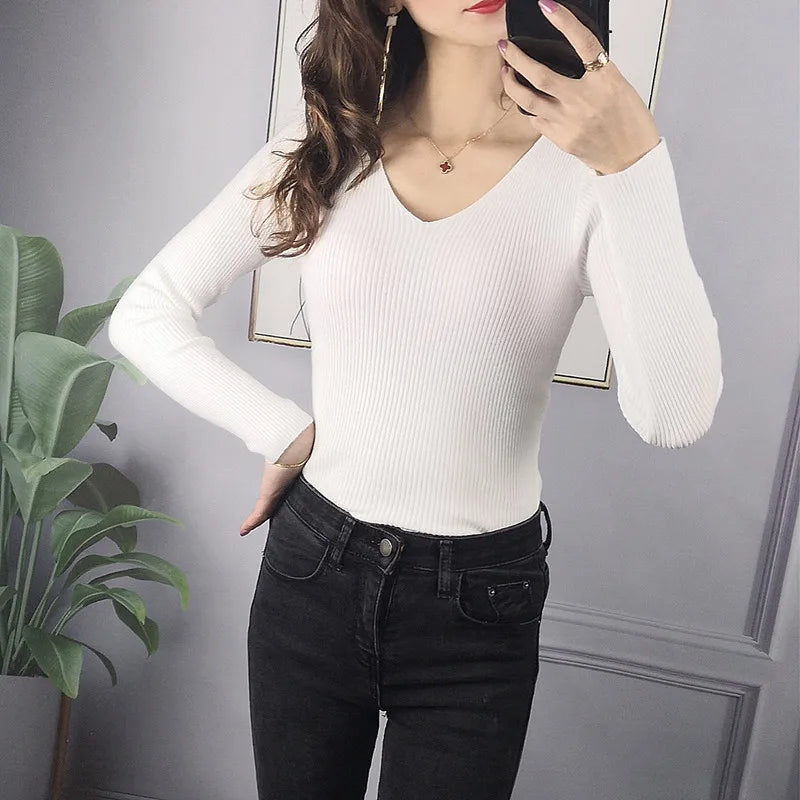 Luxury Rib-Knit V-Neck Sweater for Women