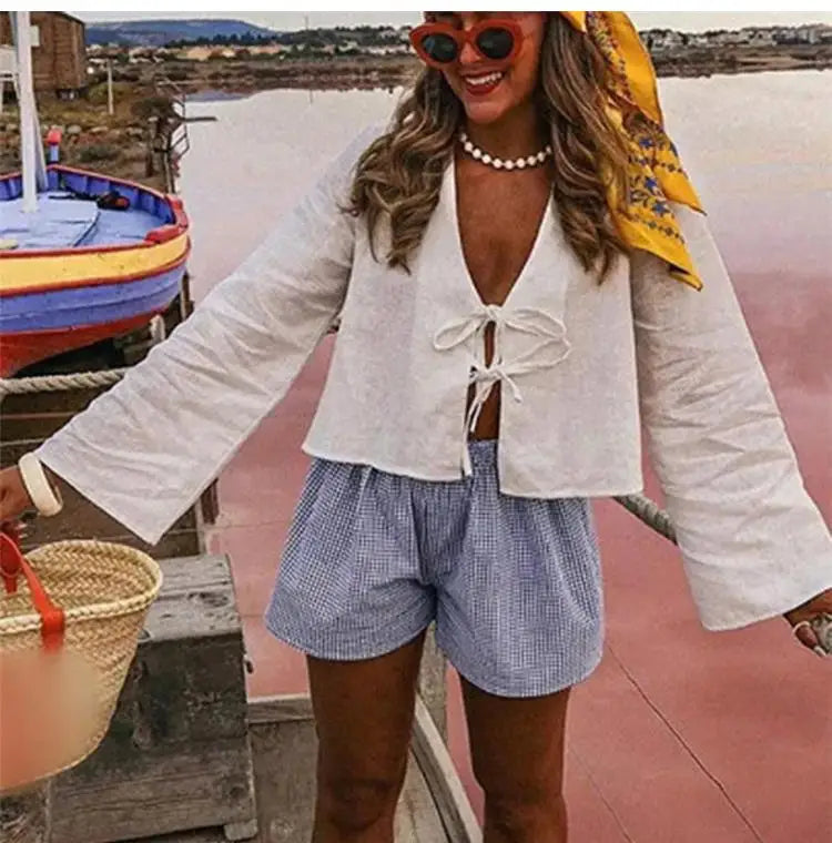 ALOBEE Elegant Lace-Up Bow V-Neck Blouse