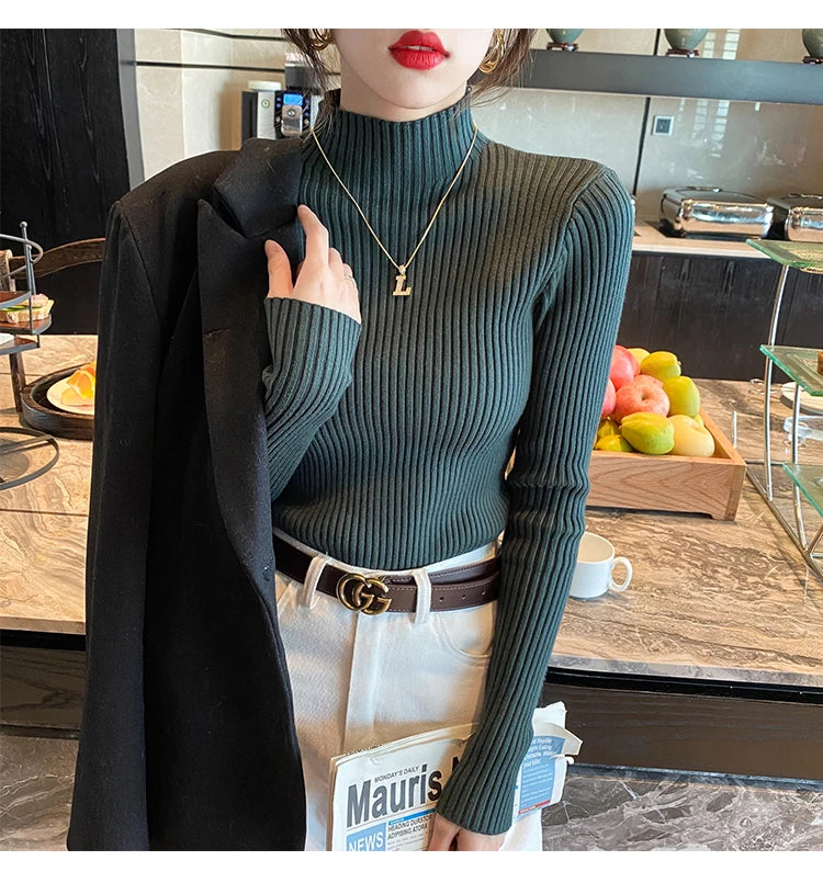 Elegant Solid Basic Knitted Turtleneck Sweater for Women