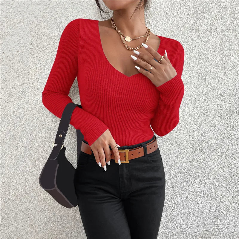 Luxury Rib-Knit V-Neck Sweater for Women