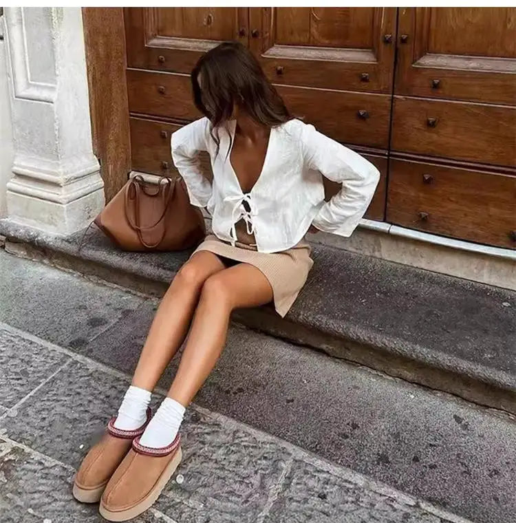 ALOBEE Elegant Lace-Up Bow V-Neck Blouse