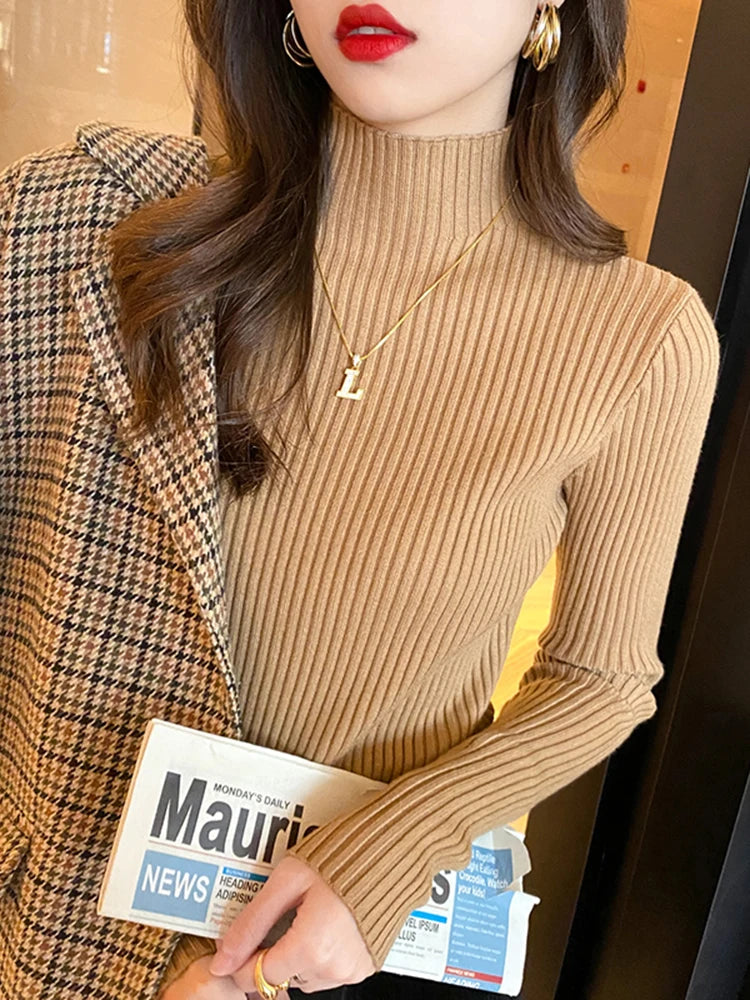 Elegant Solid Basic Knitted Turtleneck Sweater for Women