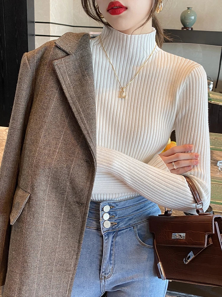 Elegant Solid Basic Knitted Turtleneck Sweater for Women