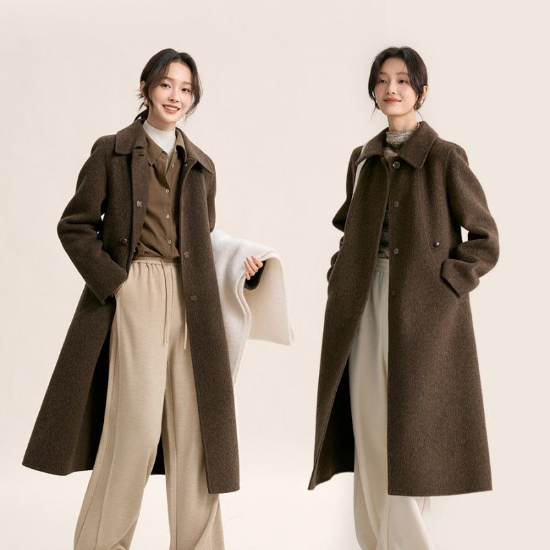 Elegant Small-Lapel Double-Faced Wool Mid-Length Coat