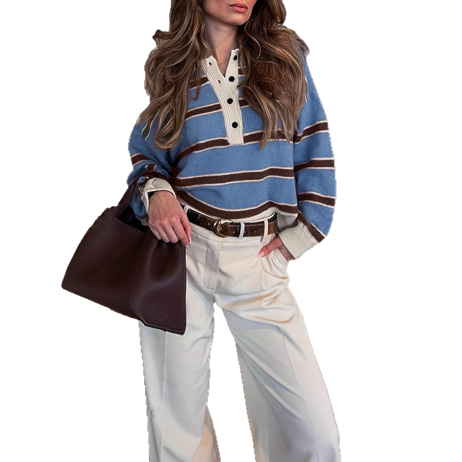 Vintage Striped Polo-Neck Knit Sweater for Women