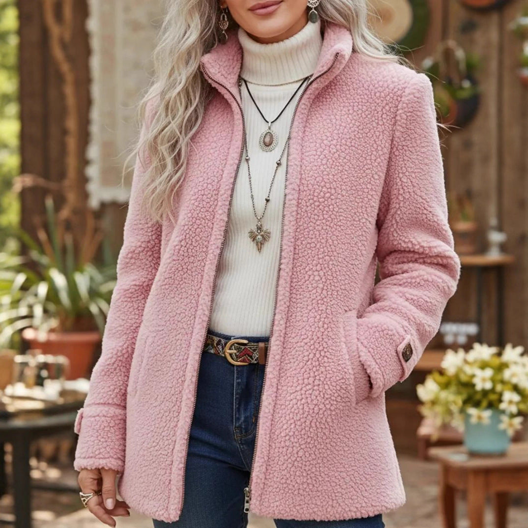 Solid-Color Stand Collar Fleece Zip-Up Jacket for Women