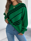 Striped Round-Neck Lantern Sleeve Sweater for Women