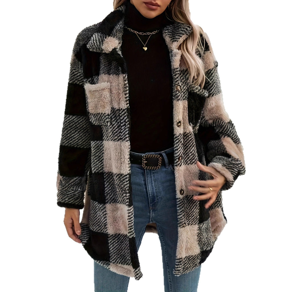 Plaid Fleece Long-Sleeve Coat for Women