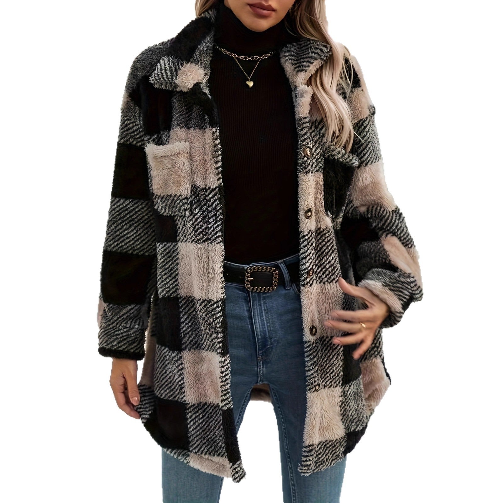 Plaid Fleece Long-Sleeve Coat for Women